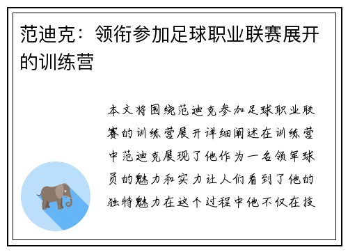 范迪克：领衔参加足球职业联赛展开的训练营